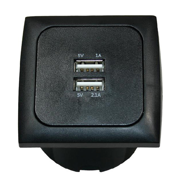 Dubbel USB-A Inbyggd kontakt 12/24V, svart, 1A och 2,1A, Ø50 mm